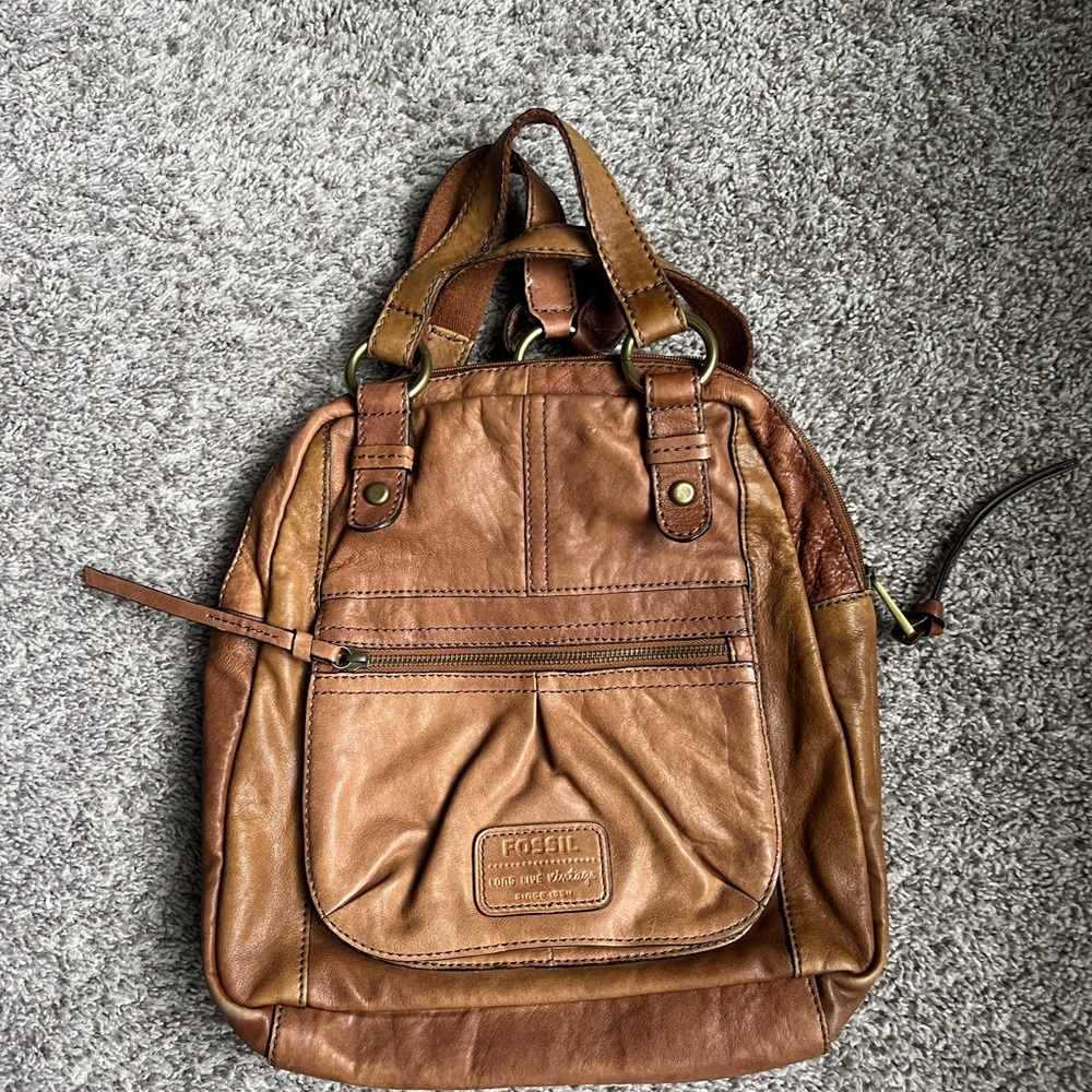 Fossil Brown Leather Backpack with Vintage Appeal
